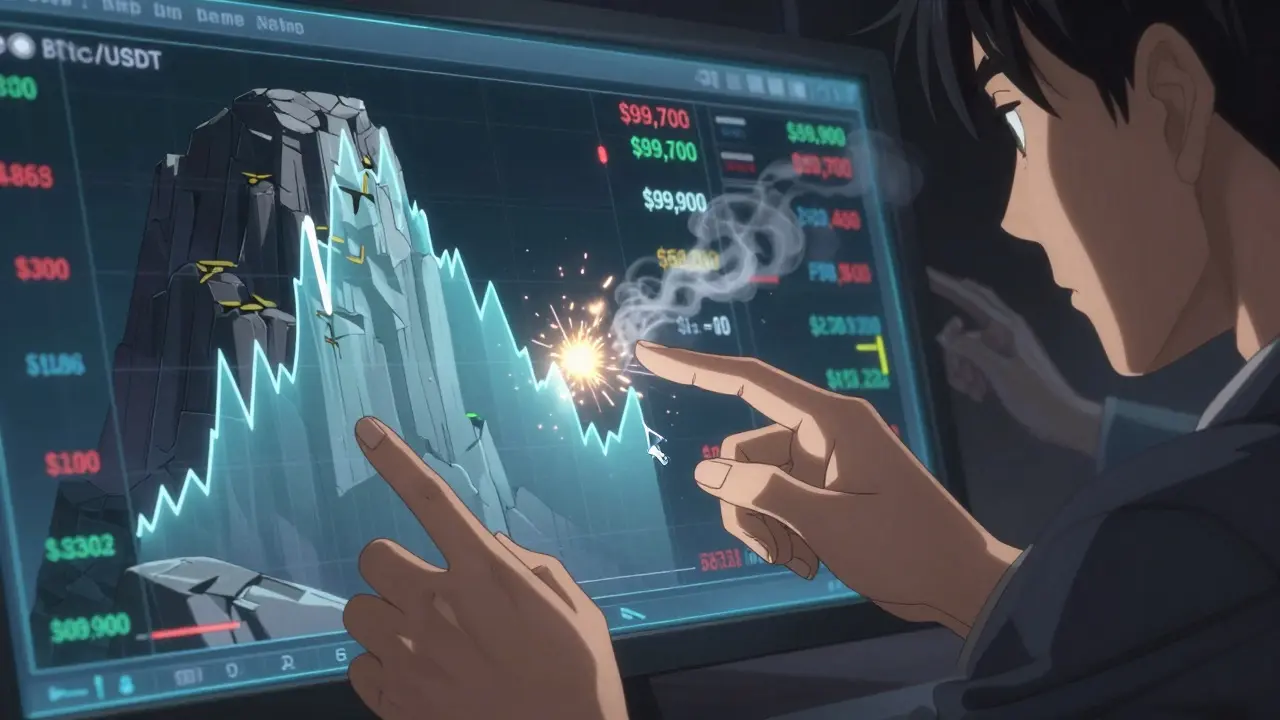 A trader's hands preparing a limit order on a holographic interface, with fake orders vanishing in digital smoke.