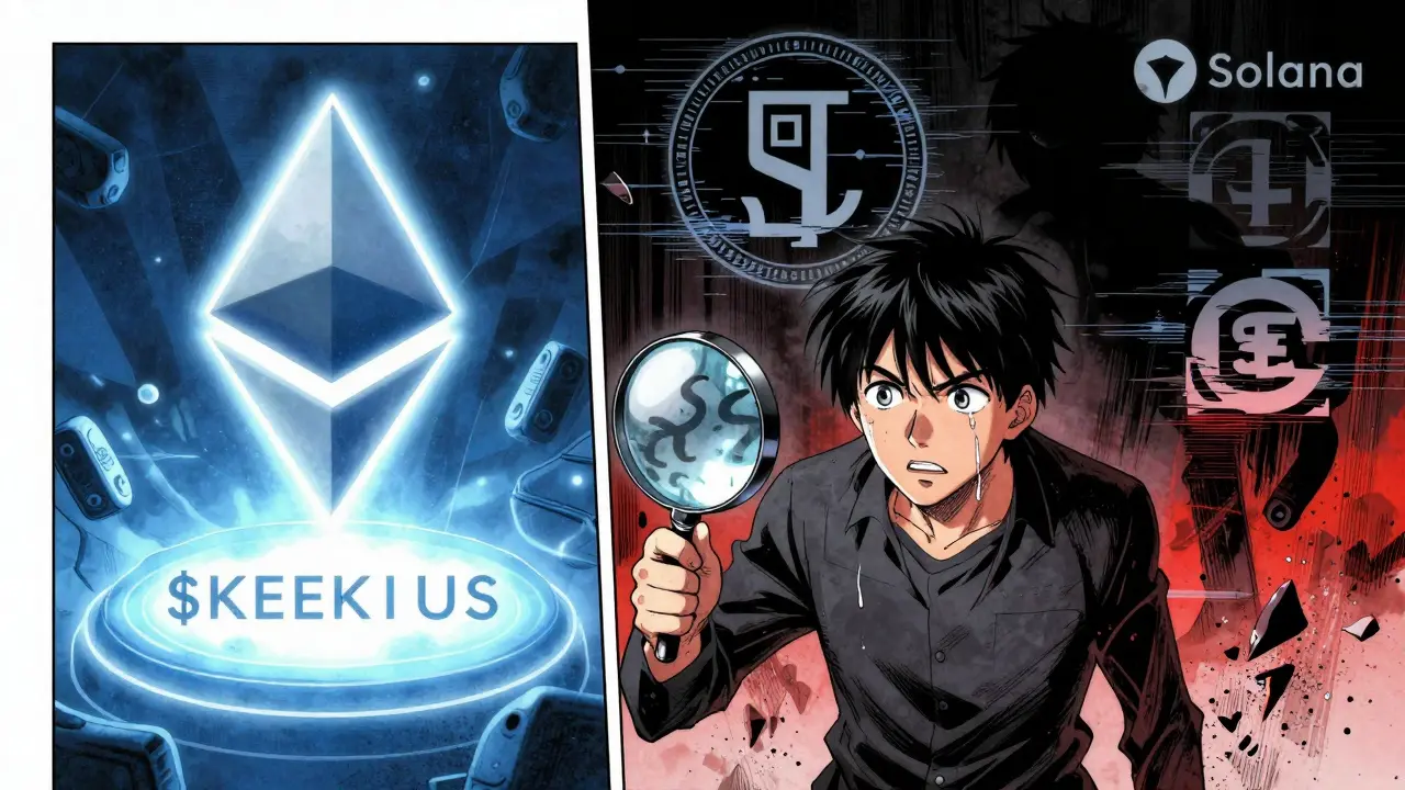 A verified Ethereum contract glowing beside a crumbling fake Solana token, shown in manga art style.
