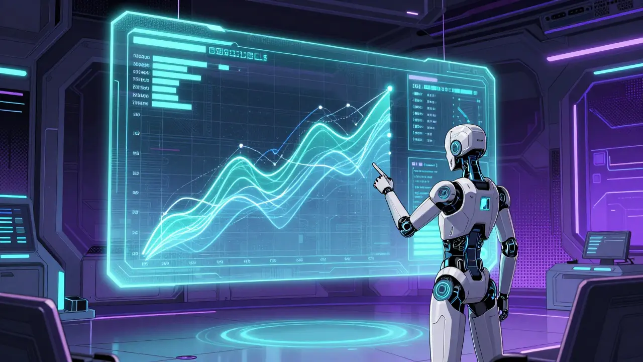 Android reviews abstract data graphs in a cyber control room