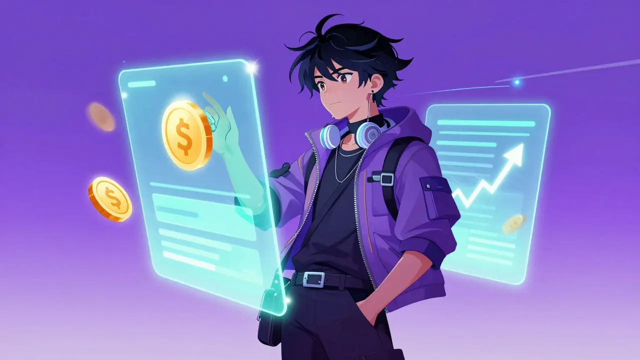 Anime character viewing a holographic crypto trading interface with glowing tokens.