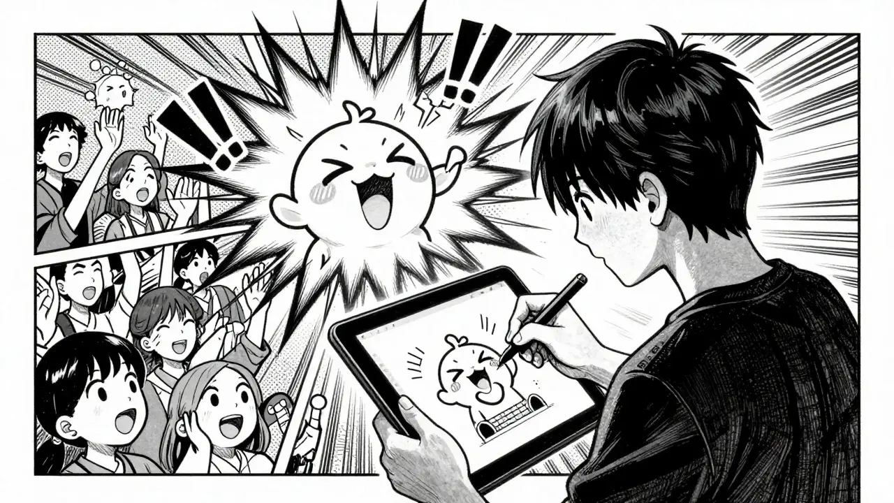 Artist creates a viral drawing while excited onlookers surround them dynamically.