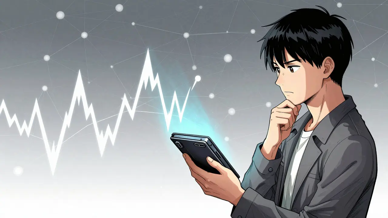 Character analyzing market volatility with a digital wallet in hand.
