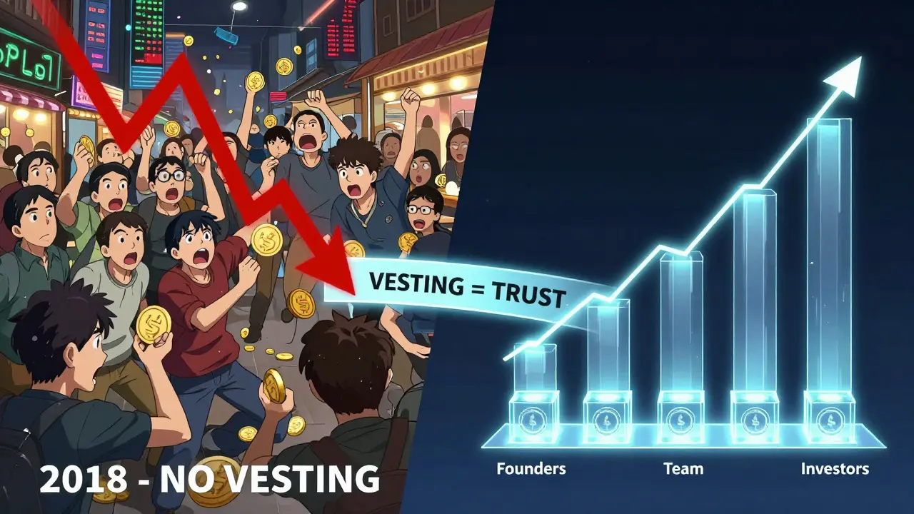 Contrasting chaotic token dump in 2018 with a calm, gradual unlock system showing trust and stability.