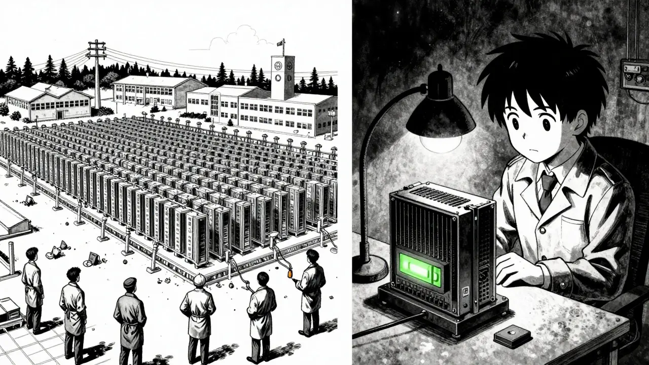 Contrasting scene of a large mining farm draining power from public buildings versus a small home miner in Quebec.