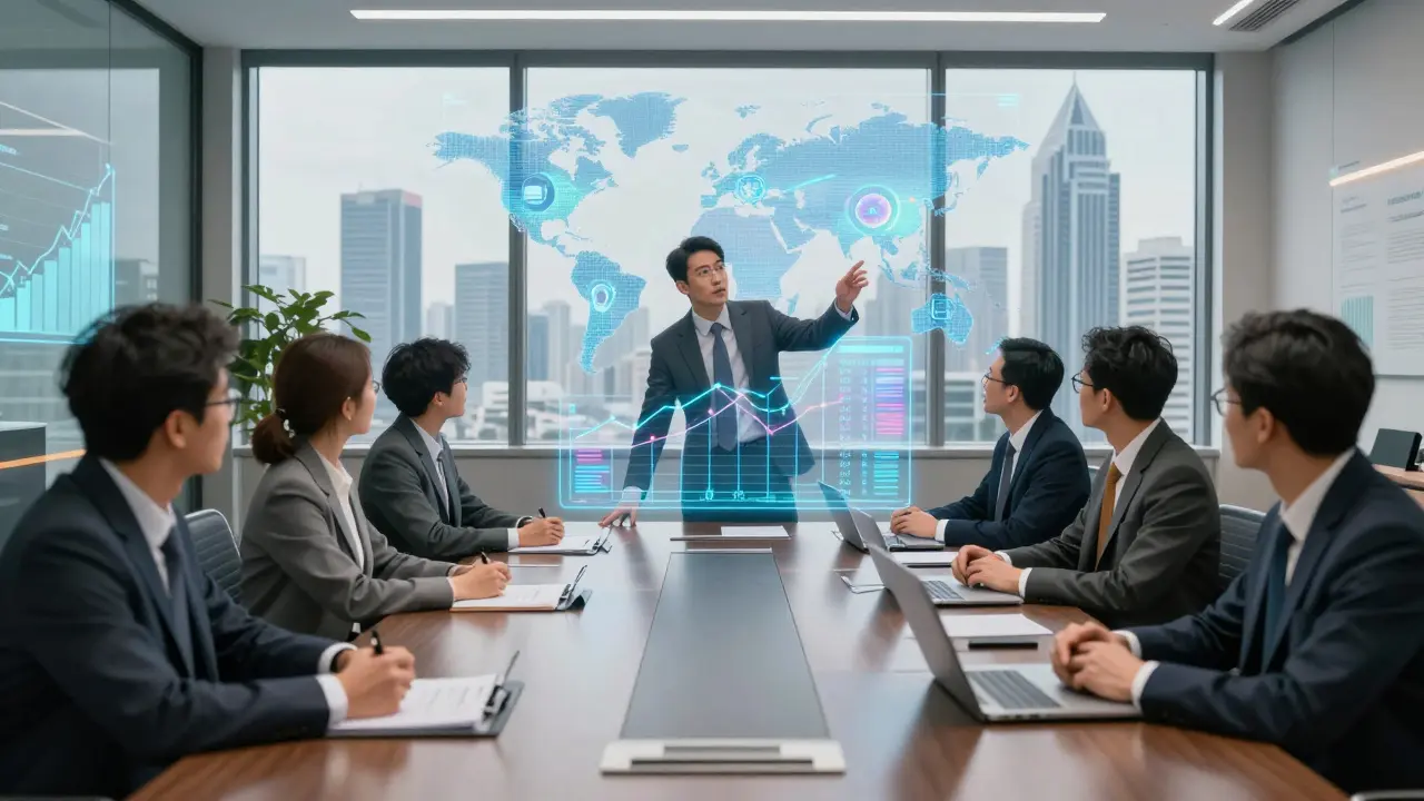 Corporate executives in boardroom viewing abstract holographic charts