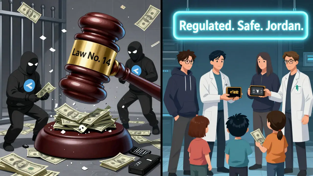 Criminals crushed by legal hammer labeled 'Law No. 14' while innovators hand out licensed crypto wallets to families.