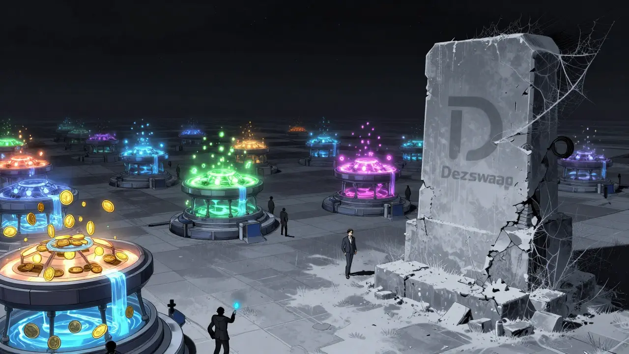 Dezswap’s faded logo sits abandoned in a silent digital marketplace, while other DEXes glow with life and activity all around.