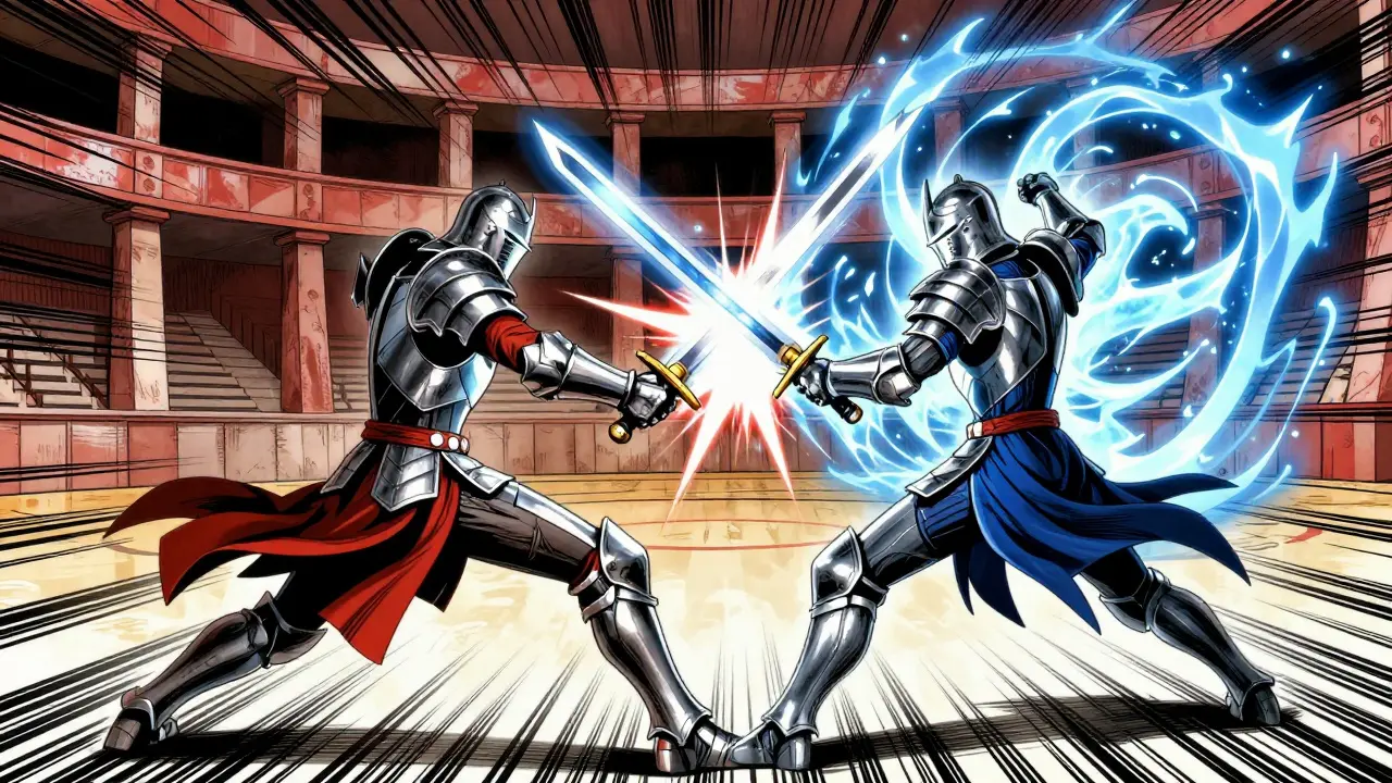 Dynamic manga battle scene between armored knights during arena fight.