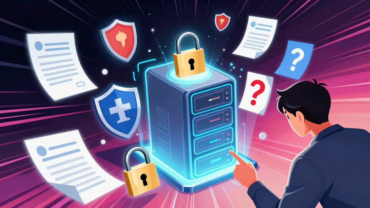 Floating security icons and shield symbols around server core