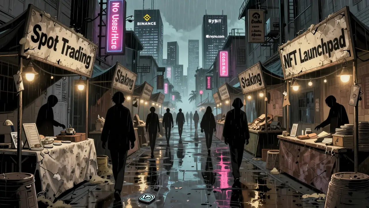 Ghost town marketplace with abandoned trading stalls and lone NFT token in manga style.