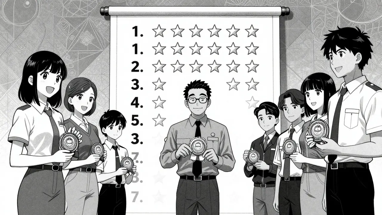 Leader presents reward badges to community members standing near a ranking scroll.