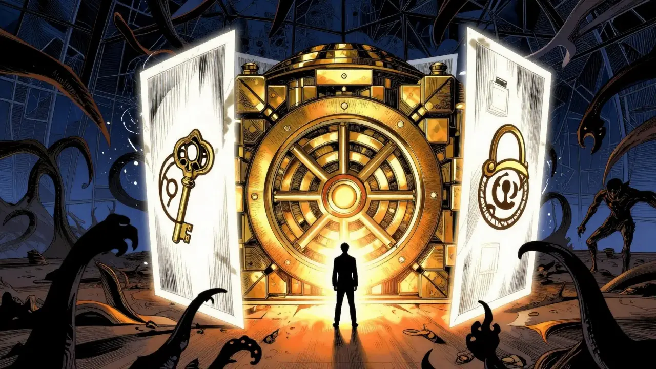 Manga style depiction of a secure digital vault guarded by energy shields.