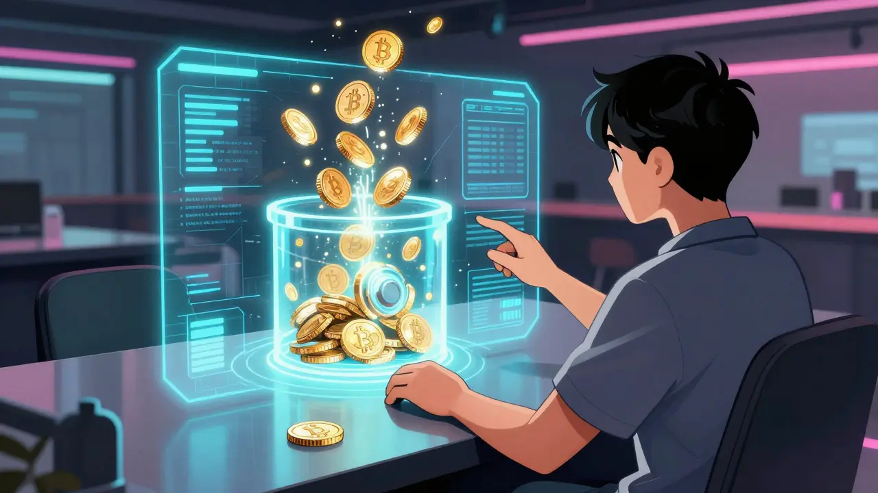Person staking digital assets in a futuristic vault interface.