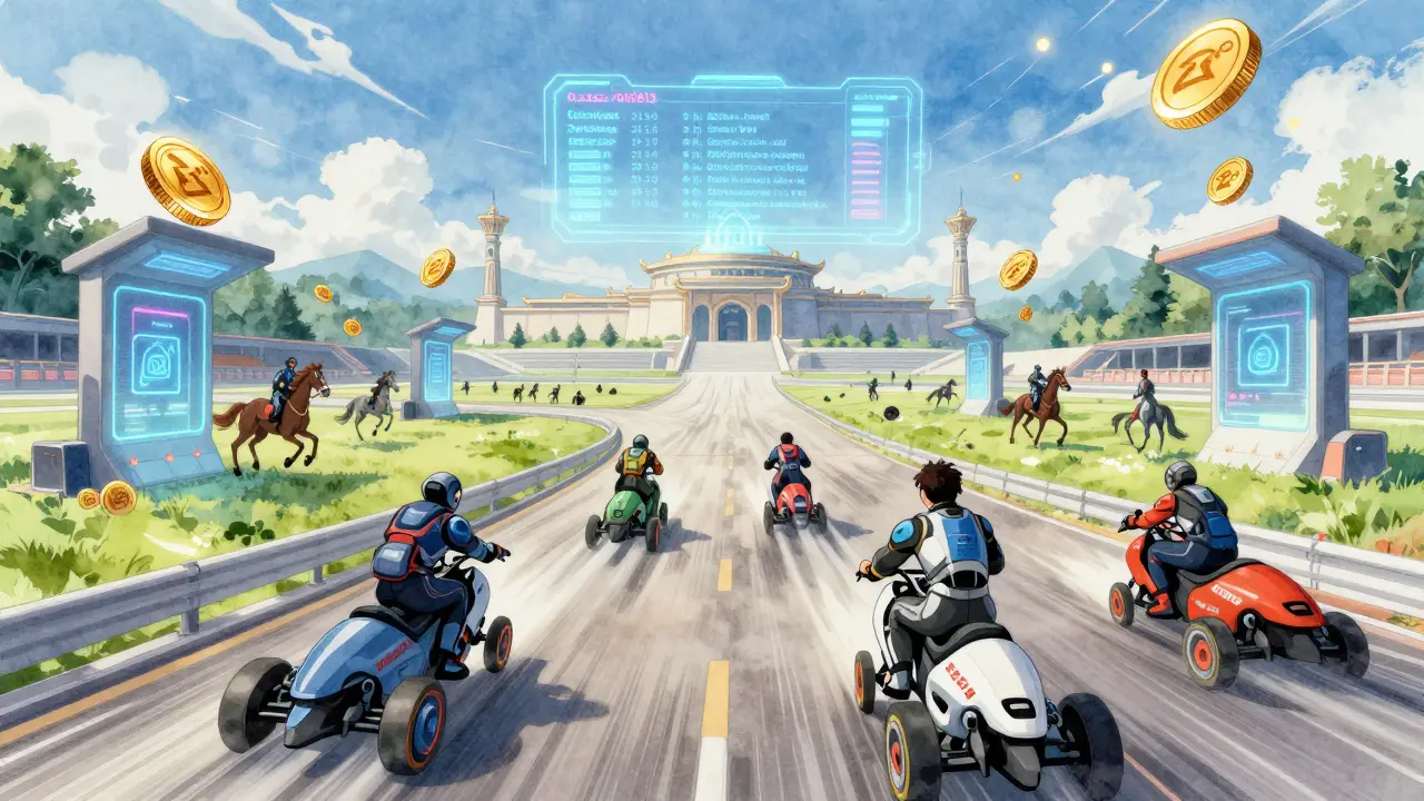Players in a futuristic racing metaverse using ZERC tokens to breed horses, build tracks, and earn rewards, with a glowing contract address above.