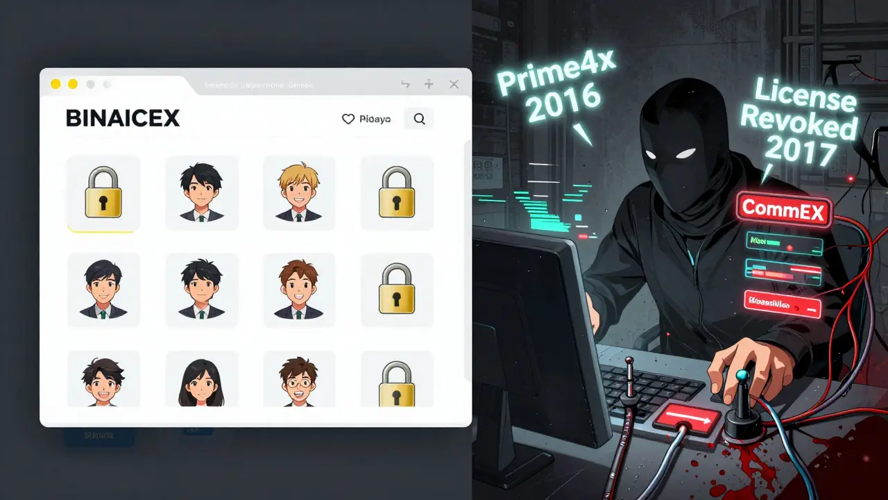 Split panel: clean Binance interface vs. corrupted CommEX copy with a masked figure pulling levers behind the screen, labeled 'Prime4x 2016' and 'License Revoked 2017'.