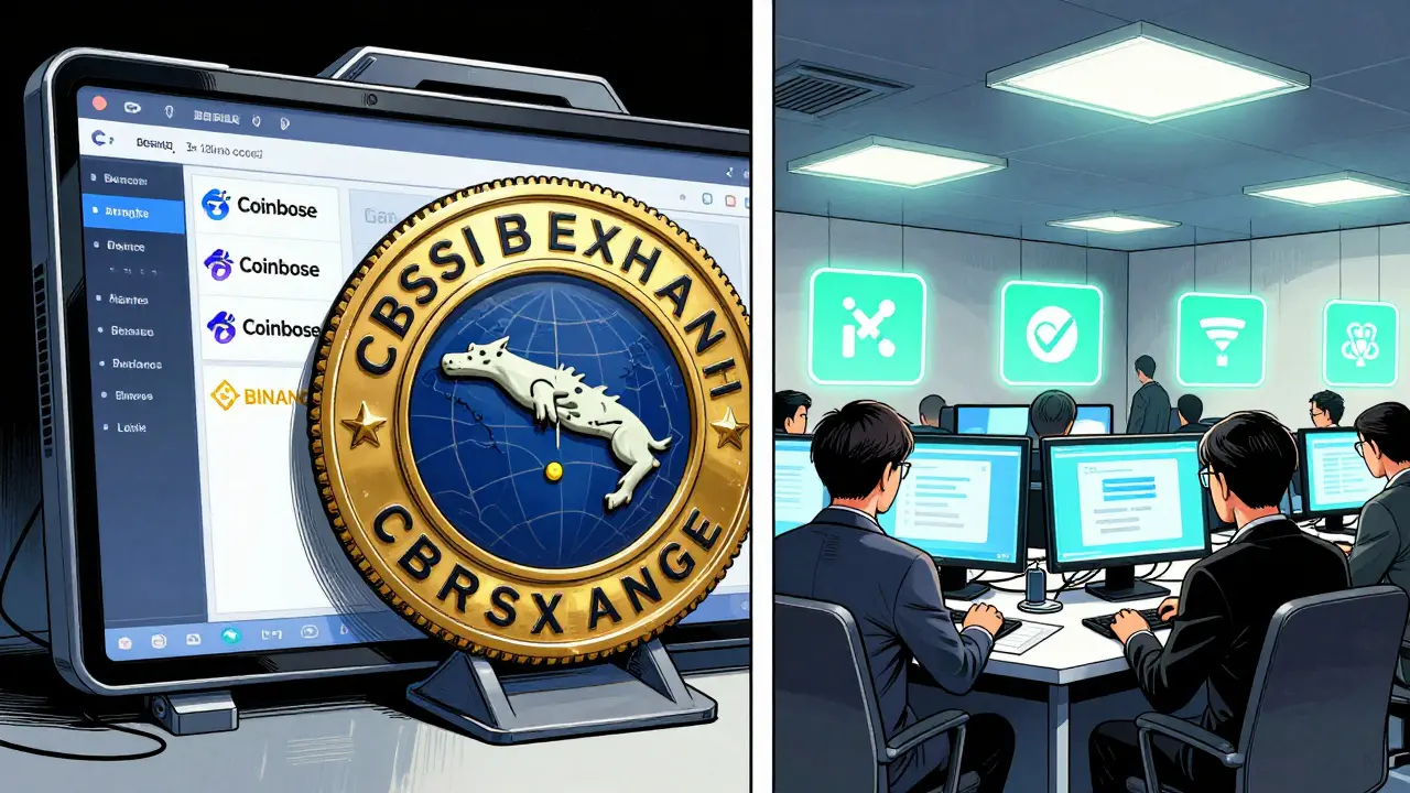 Split scene: global crypto platforms blocked vs. compliant local exchange with identity verification.