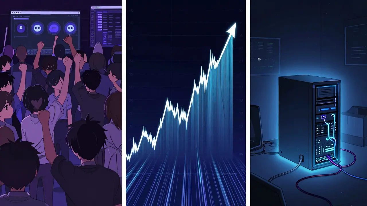 Three-panel scene: cheering Discord users, soaring price chart, glowing node server in dark room