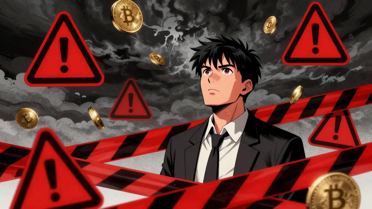 Trader surrounded by red warning signs and crypto coins