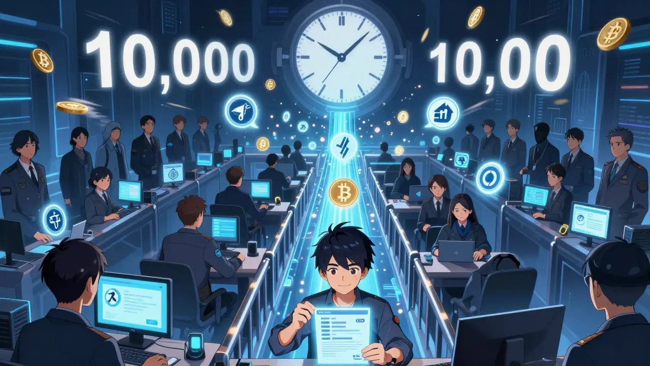 Users transact with multiple cryptocurrencies through a glowing bridge, with thousands of instant confirmations flashing around them.