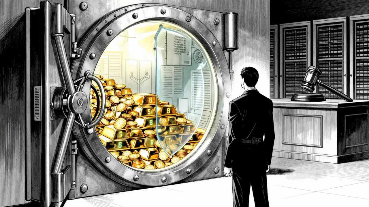 Vault door revealing glowing digital coins protected by legal shield