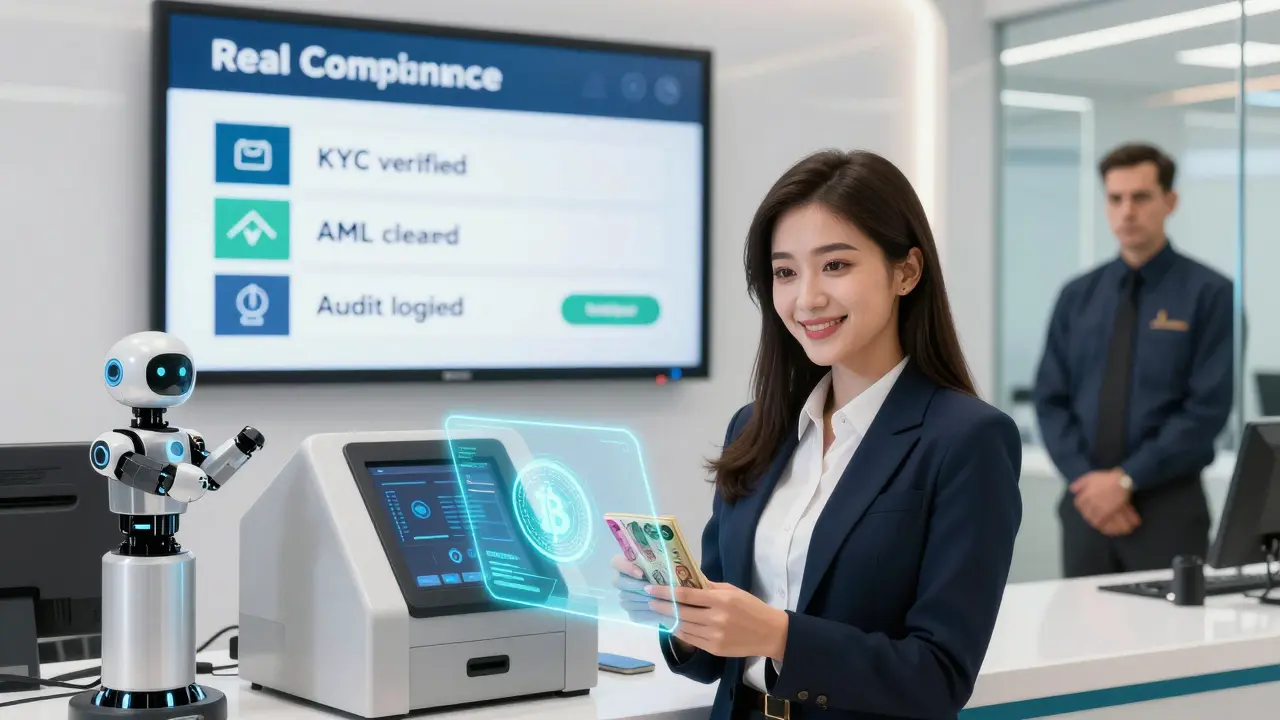 Woman exchanging dinars for crypto at a bank with holographic interface, compliance checks displayed on screen.