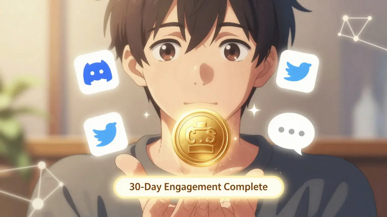 Young person holding a CRTS token surrounded by social engagement icons, warm golden light