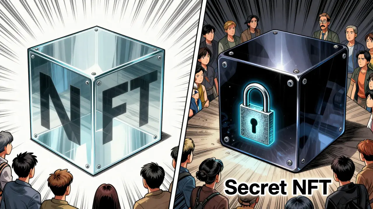 Comparison between a transparent standard NFT and an encrypted Secret NFT in manga style