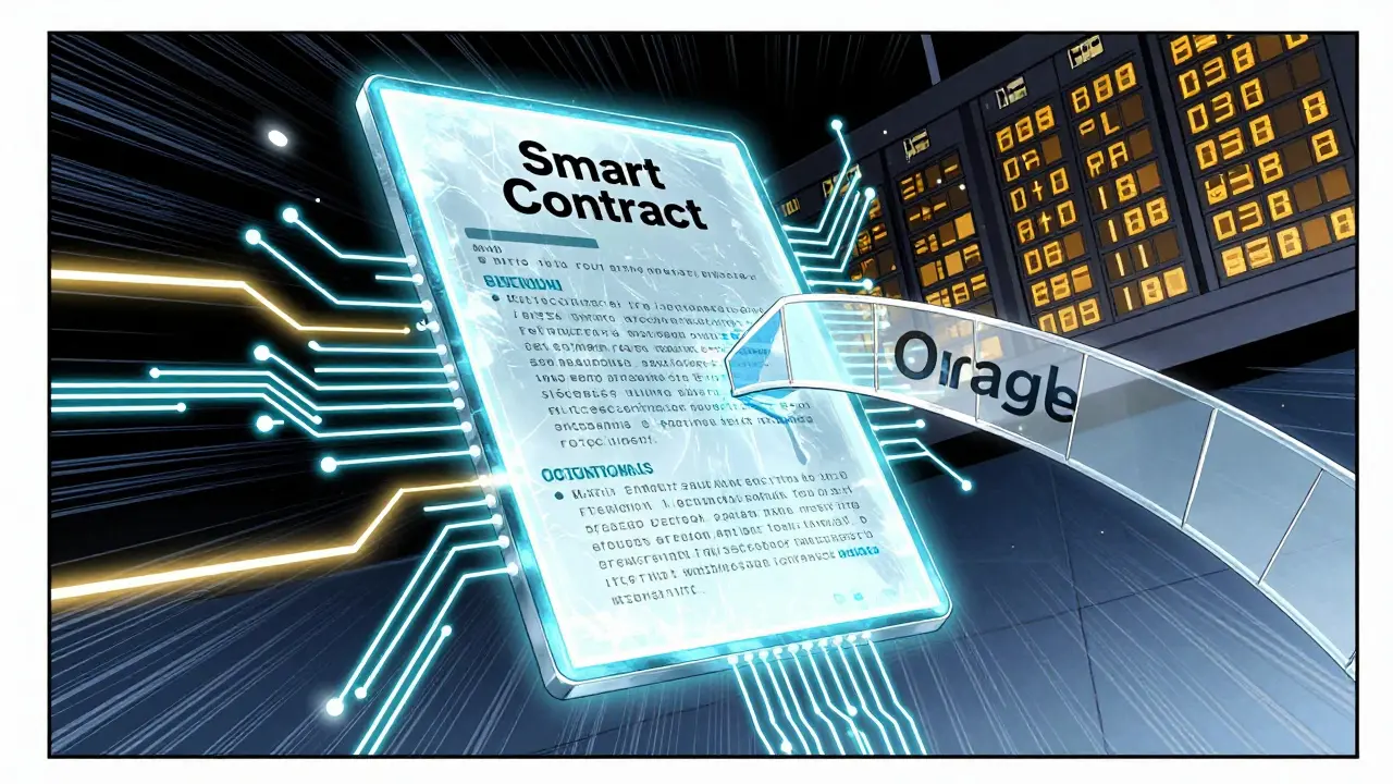 Digital smart contract and oracle bridge connecting to a flight board in manga style.