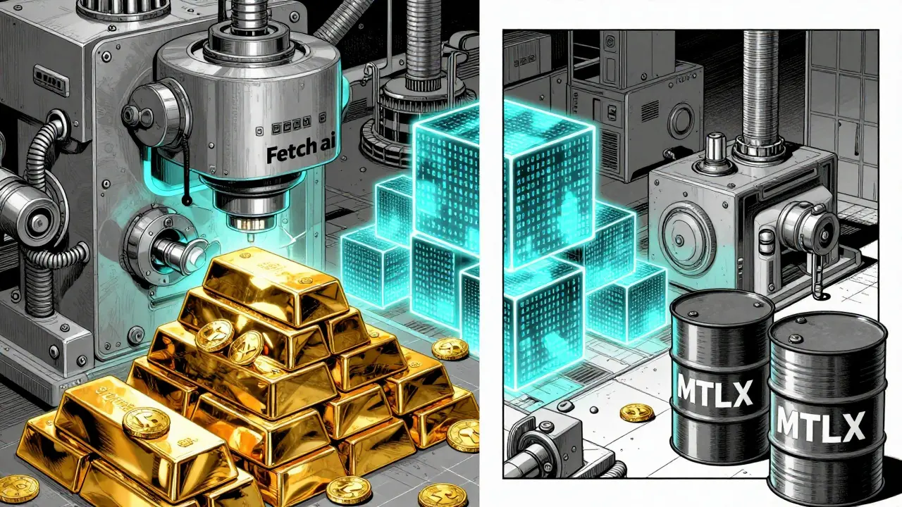 Futuristic machine transforming gold and oil into digital tokens in a detailed manga style.