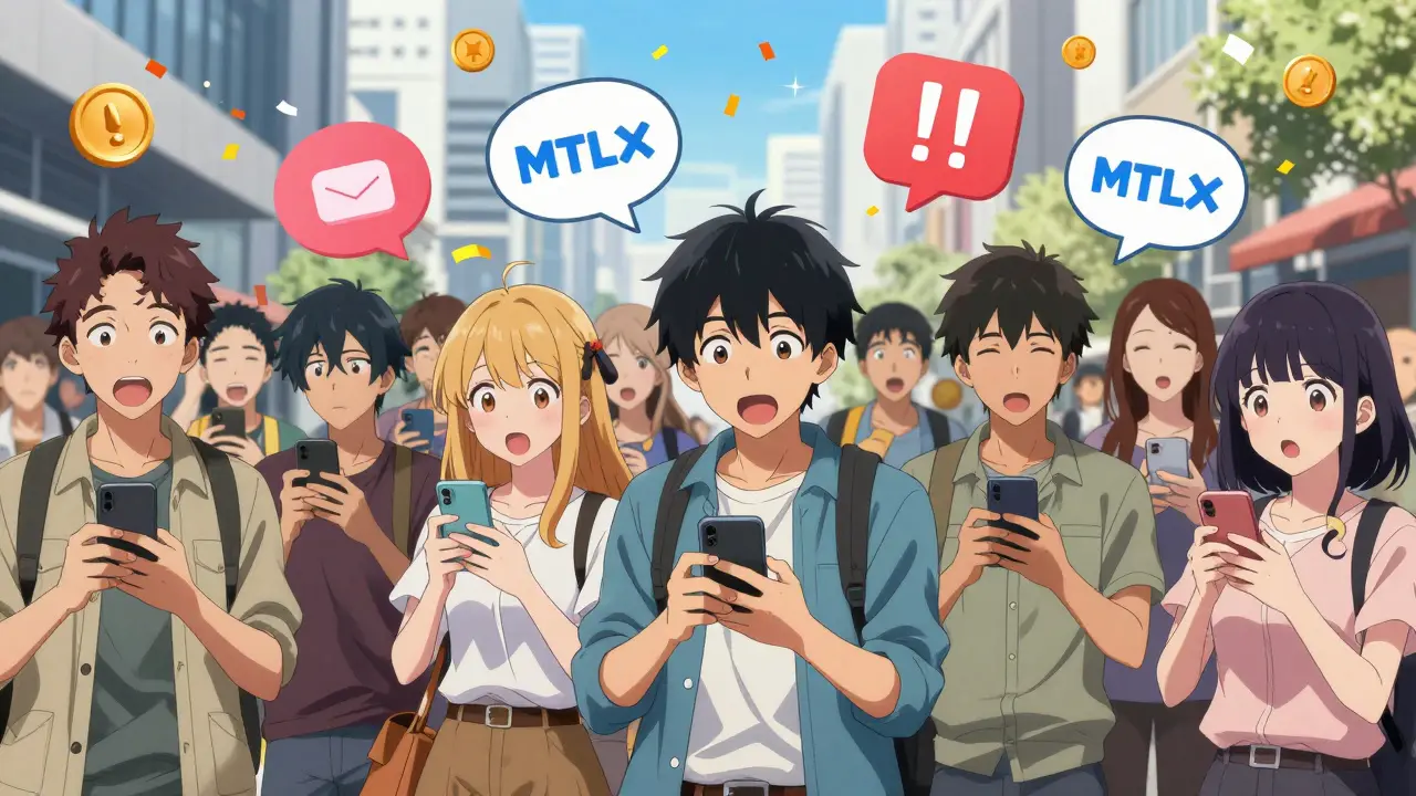 Group of excited anime characters using smartphones with MTLX tokens raining around them.