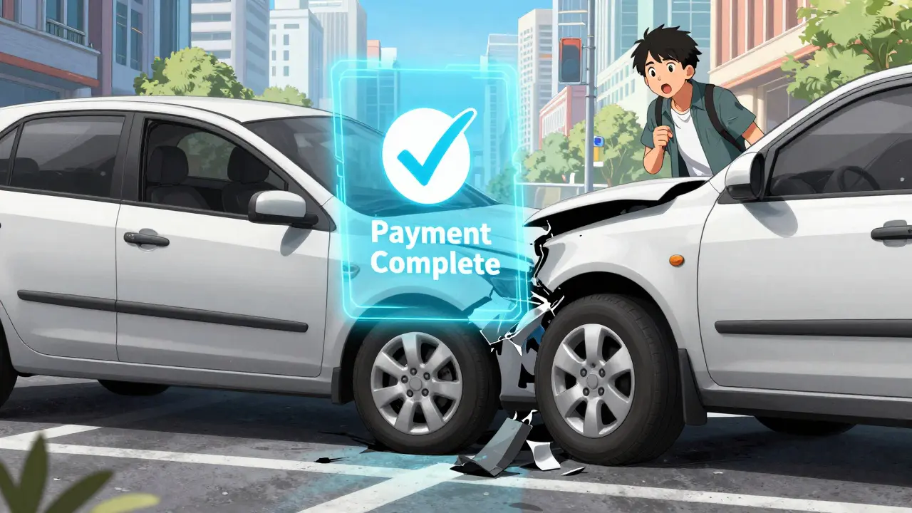 Holographic insurance payment confirmation after a car accident in a futuristic city, manga style.
