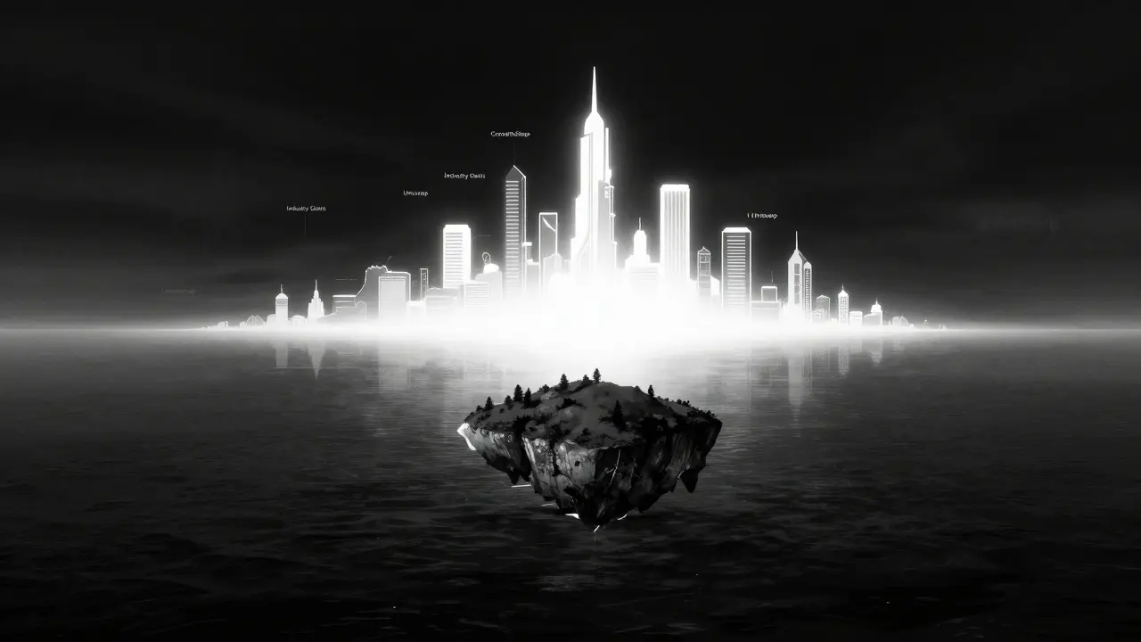 Manga art of a small digital island representing a limited crypto exchange versus a giant city.