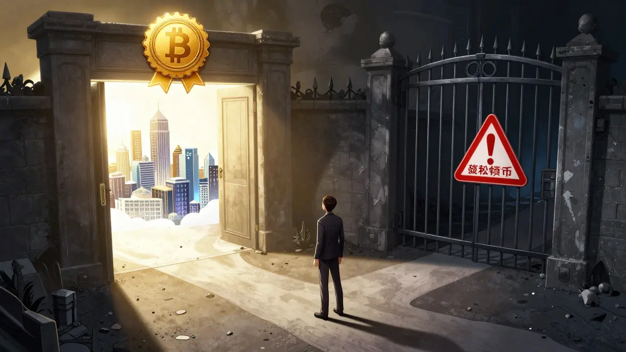 Manga art showing a choice between a legal crypto gateway and a forbidden path for privacy tokens