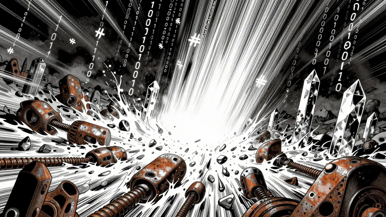 Manga concept art showing a digital storm clearing old hardware to leave strong, professional pillars