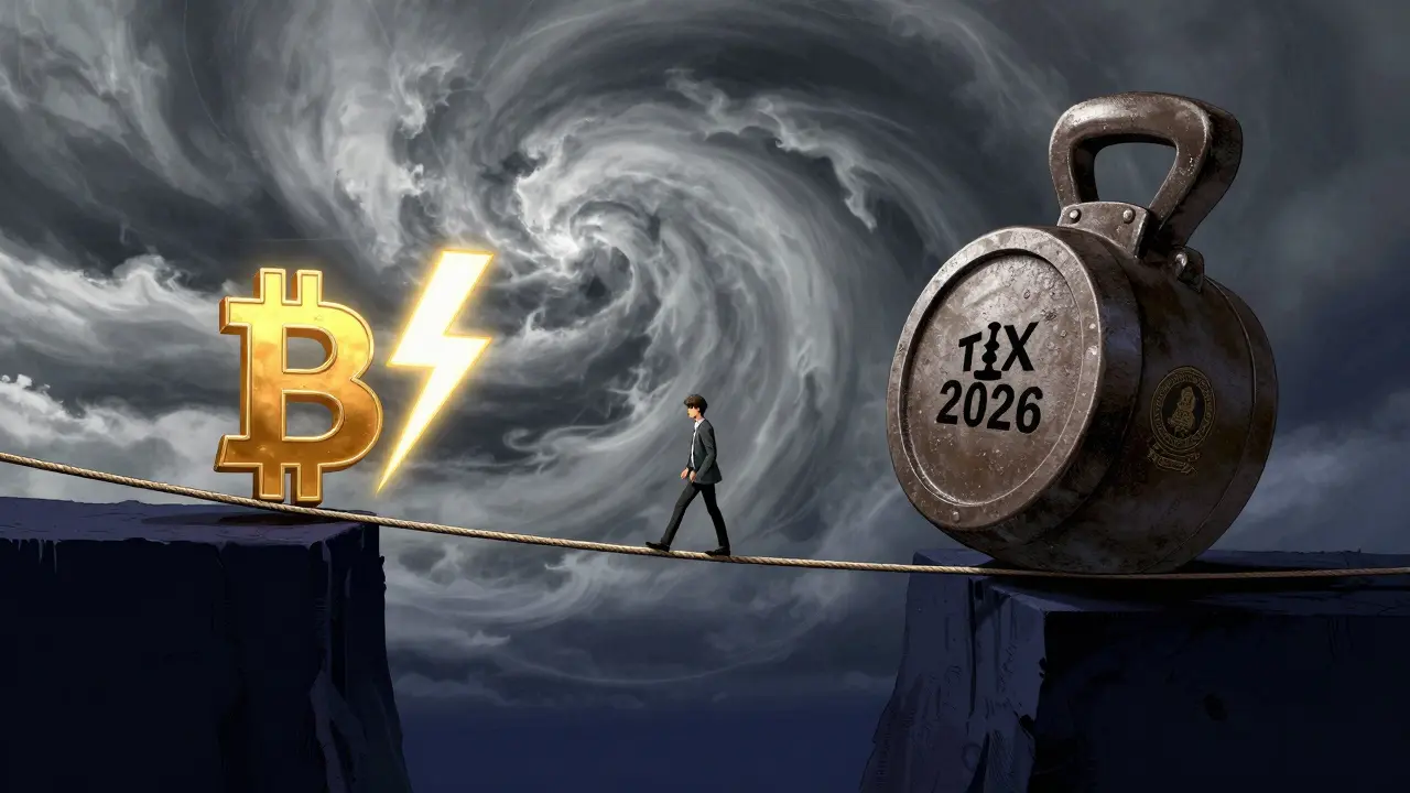 Manga conceptual art of a person balancing crypto profits against heavy taxes.