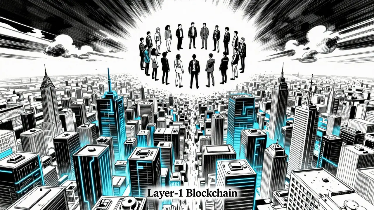 Manga depiction of a futuristic Layer-1 blockchain city with a DAO community