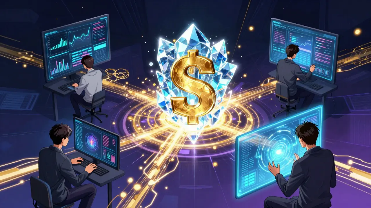 Manga depiction of a glowing SUIAGENT token powering various AI agents on a blockchain.