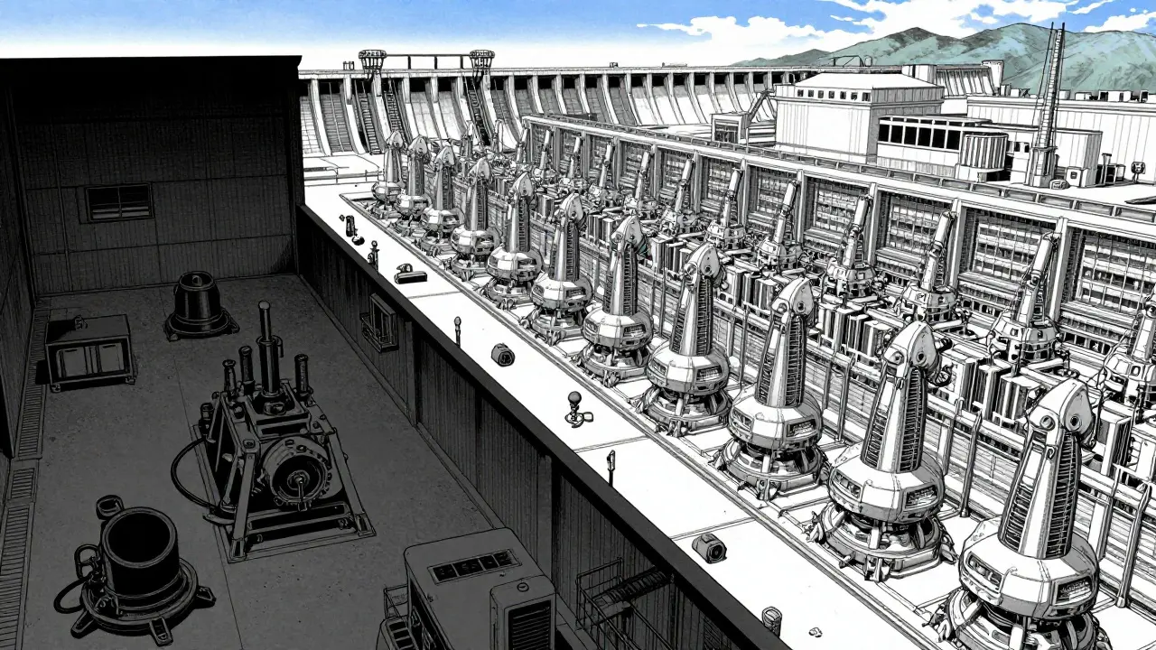 Manga illustration contrasting a failed home mining setup with a massive industrial mining farm by a dam