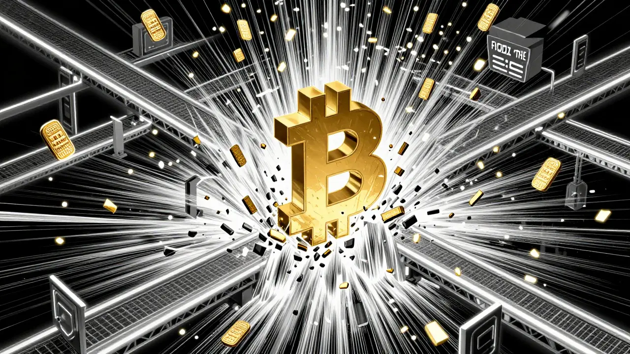 Manga illustration of a Bitcoin shattering into thousands of shards flowing through digital conduits.