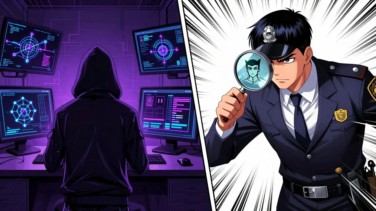 Manga illustration of a digital chase between a crypto hacker and a government investigator.