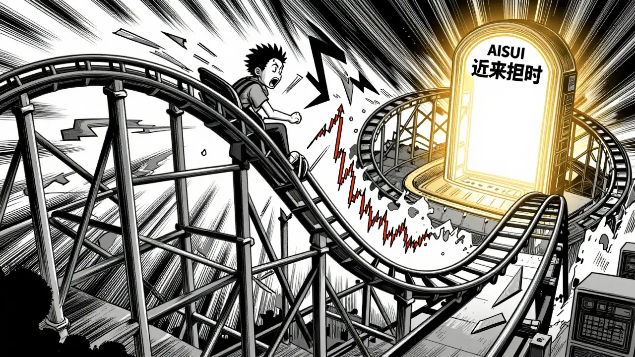 Manga illustration of a dramatic price chart rollercoaster representing crypto volatility.