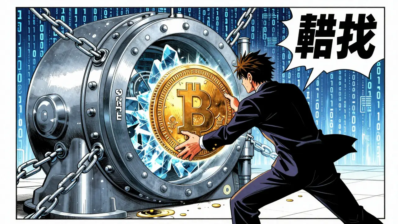 Manga illustration of a glowing cryptocurrency coin being locked into a digital vault