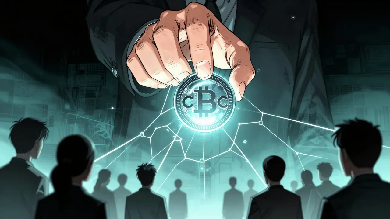 Manga illustration of a government hand controlling citizens via a digital currency leash.