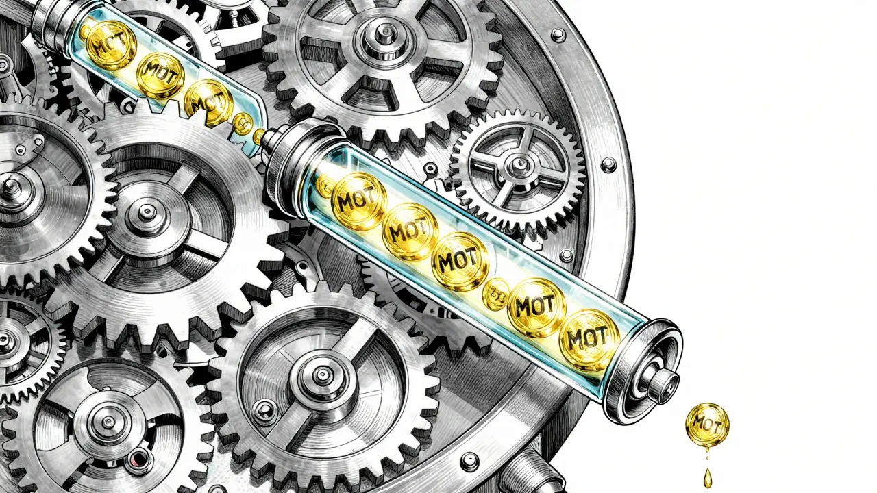 Manga illustration of a mechanical system representing the timed release of MOT tokens.