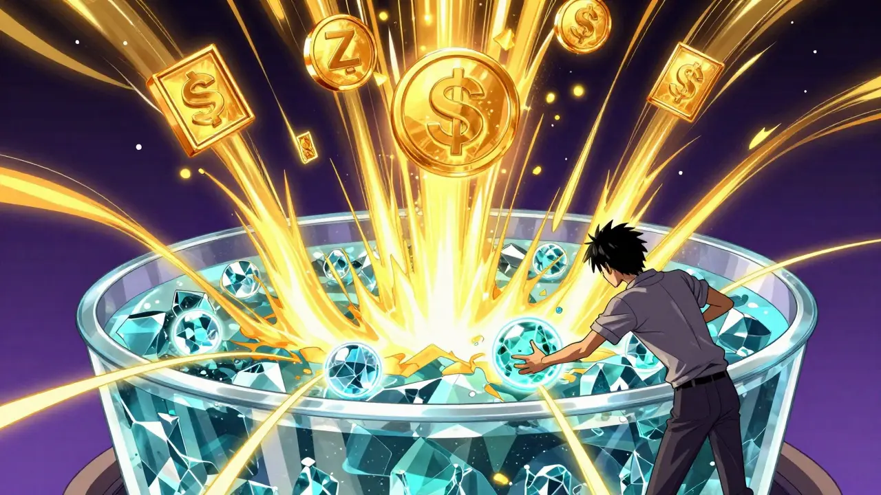 Manga illustration of a person providing liquidity to a glowing digital pool to earn tokens