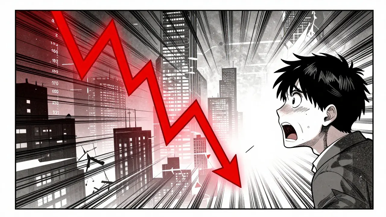 Manga illustration of a shocked person watching a red crypto price chart crash violently.
