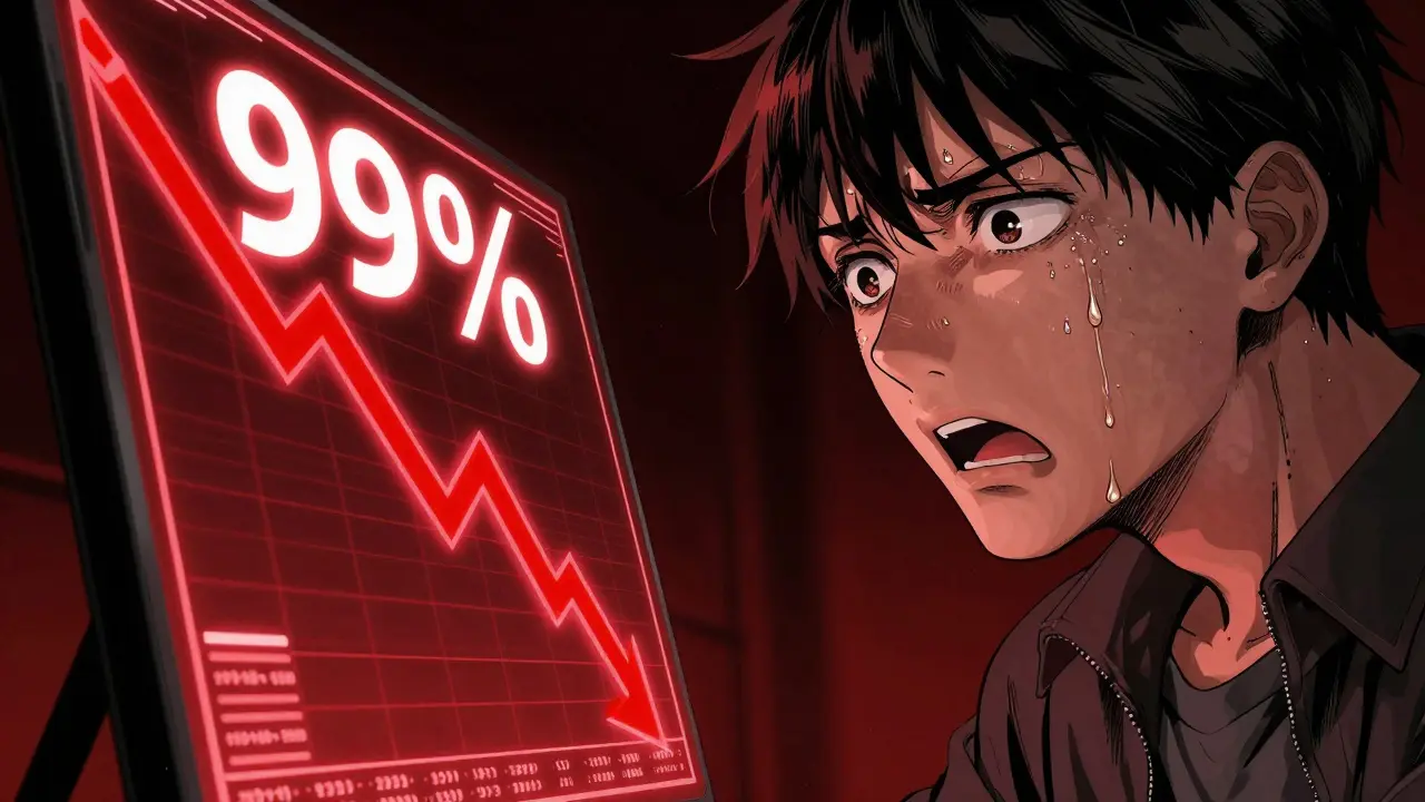 Manga illustration of a shocked trader watching a red market crash graph