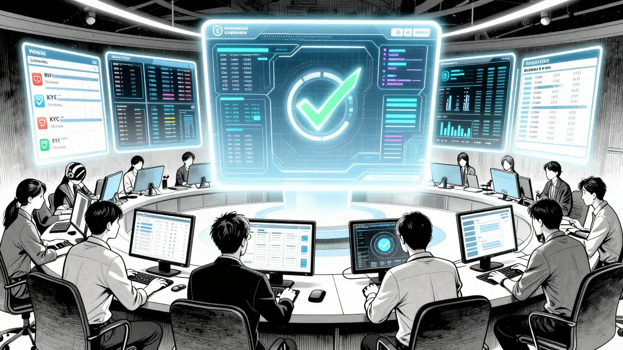 Manga illustration of a tech team monitoring blockchain compliance and KYC data on holographic screens