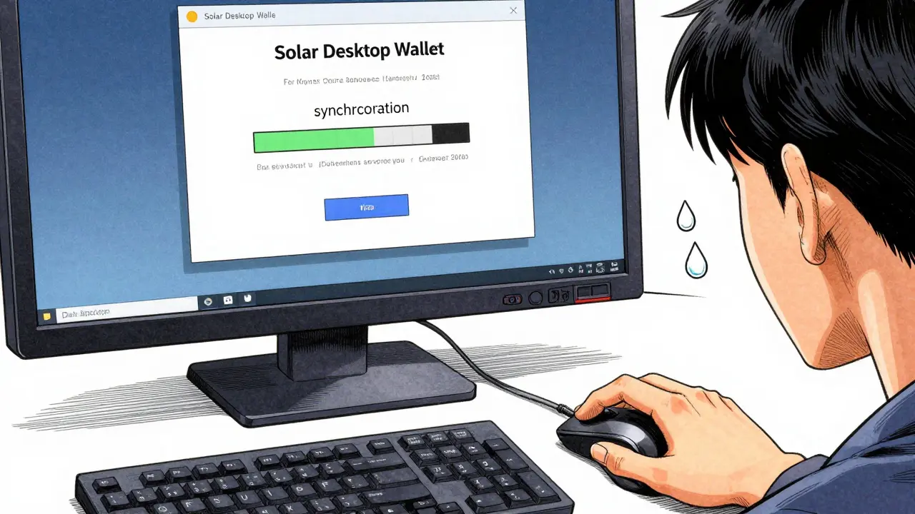 Manga illustration of a user waiting for the Solar Desktop Wallet to synchronize