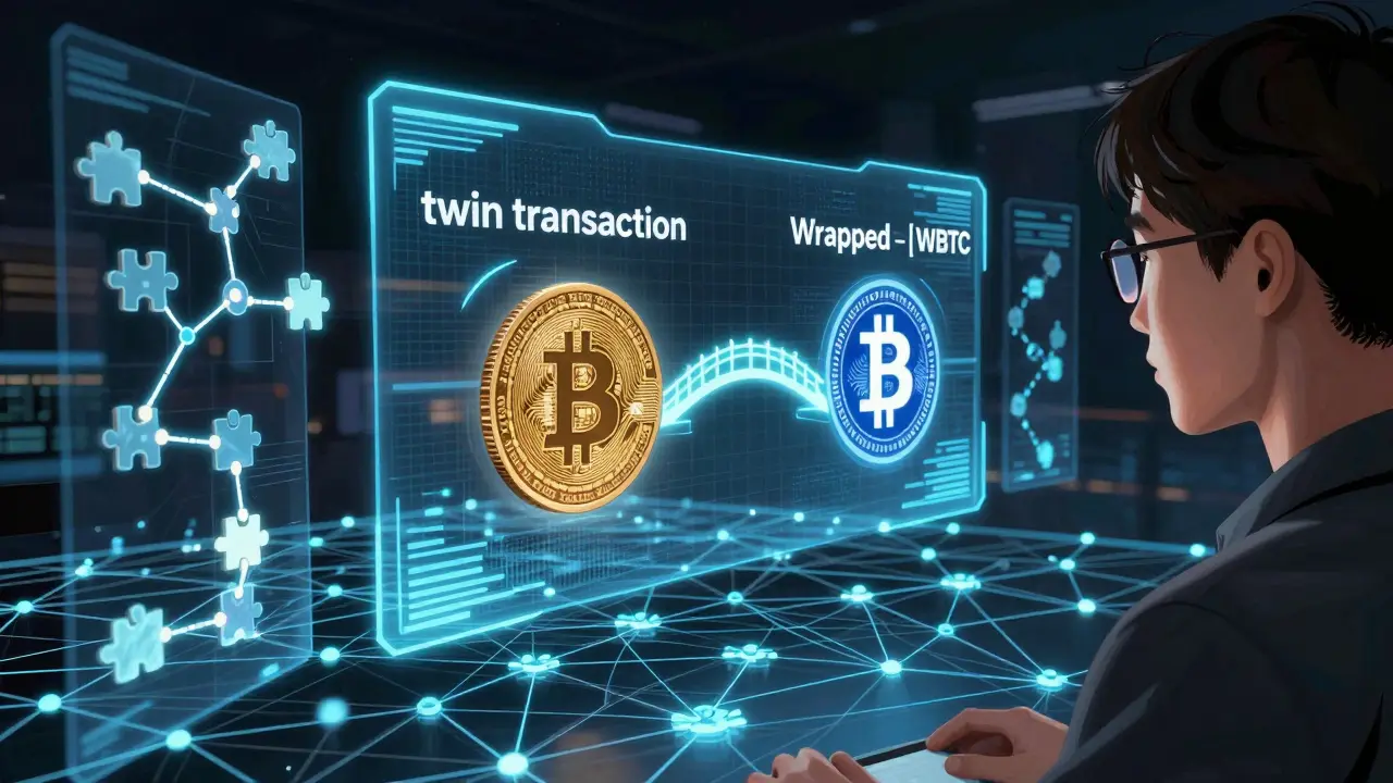 Manga illustration of an analyst connecting fragmented blockchain transaction paths on holographic screens.